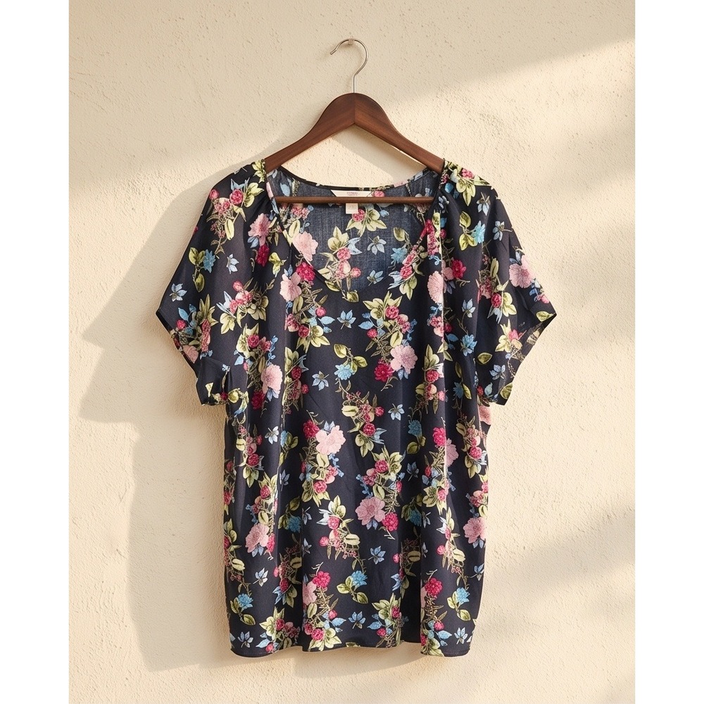 CJ Banks 3X Floral Short Sleeve Blouse Navy Blue Pink Flirty Romantic Boho NWT